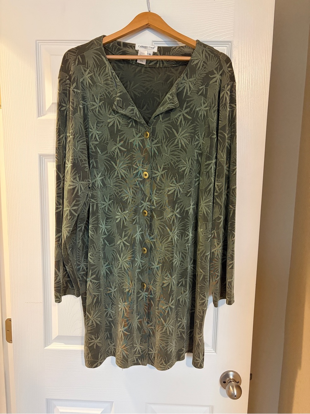 Coldwater Creek Tunic Top 1X Green Leaf Botanical Longline Plus Size B17